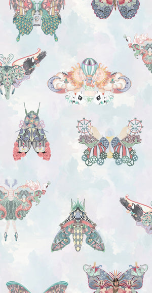 Butterfly Effect wallpaper by Brand McKenzie in white and pink, pattern detail of butterflies and moths