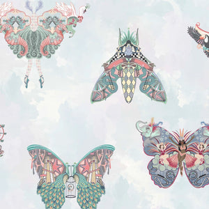 Butterfly Effect wallpaper by Brand McKenzie in white and pink, close view of butterflies and moths