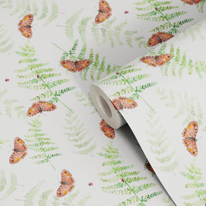 Sustainable Butterfly and wallpaper by Seed Home Designs in green, roll showing butterflies and ferns
