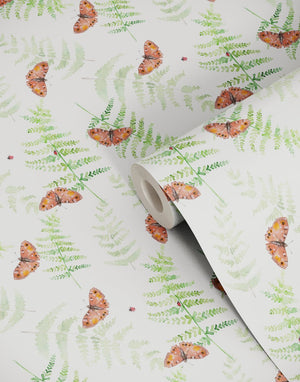 Sustainable Butterfly and wallpaper by Seed Home Designs in green, roll showing butterflies and ferns
