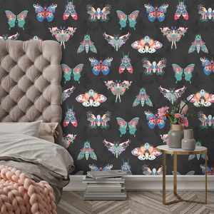 Butterfly Effect wallpaper by Brand McKenzie in black, butterflies and moths in a bedroom