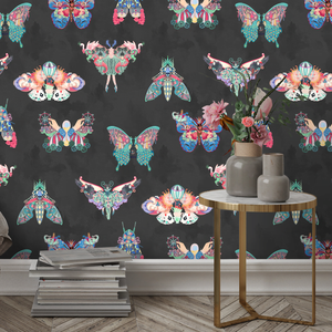 Butterfly Effect wallpaper by Brand McKenzie in black, butterflies and moths on a bedroom wall