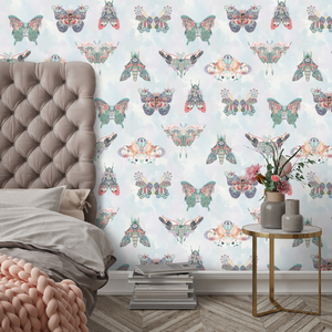 Butterfly Effect wallpaper by Brand McKenzie in white and pink, butterflies and moths in a bedroom
