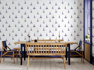 Cardinal wallpaper by XV Interiors in blue, lighthouses and buoys in a dining area