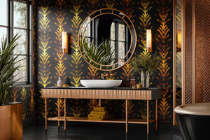 Copper Coral wallpaper by Liberty James Studio in black and gold, art deco coral fans above a sideboard