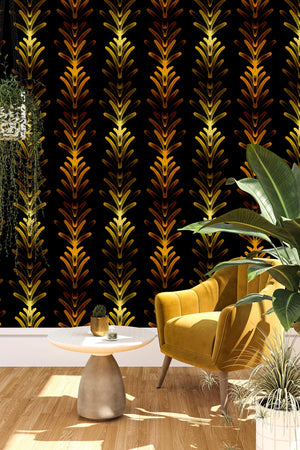 Copper Coral wallpaper by Liberty James Studio in black and gold, art deco coral fans behind a sofa in a living room