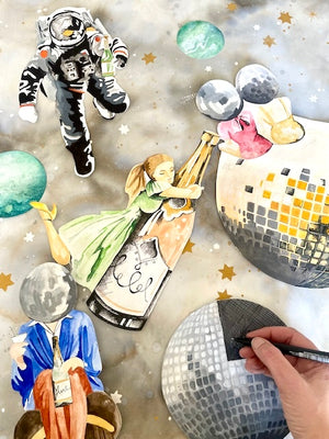 Cosmic Groove wallpaper by Brand McKenzie, the artist working on the design showing retro figures floating in space