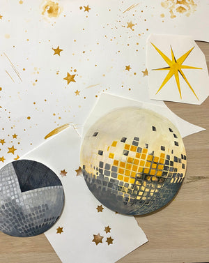 Cosmic Groove wallpaper by Brand McKenzie, the artist's artwork in progress showing retro figures floating in space