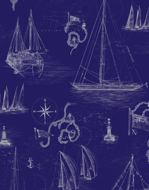 Cowes wallpaper by XV Interiors in cream, flat sample of sailing boats and anchors (alternate view)
