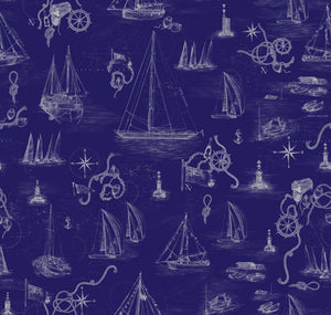 Cowes wallpaper by XV Interiors in cream, full repeat of sailing boats and anchors (alternate view)