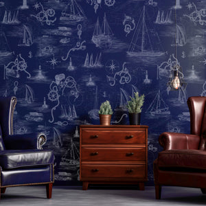Cowes wallpaper by XV Interiors in navy, sailing boats and anchors in a living room