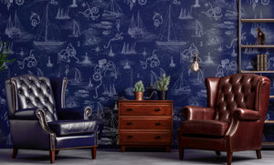 Cowes wallpaper by XV Interiors in navy, sailing boats and anchors in a living room