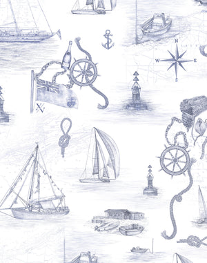 Cowes wallpaper by XV Interiors in blue, flat sample of sailing boats and anchors