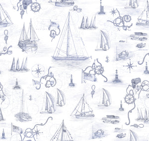 Cowes wallpaper by XV Interiors in blue, full repeat of sailing boats and anchors