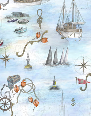 Cowes wallpaper by XV Interiors in blue, full repeat of sailing boats and anchors (alternate view)