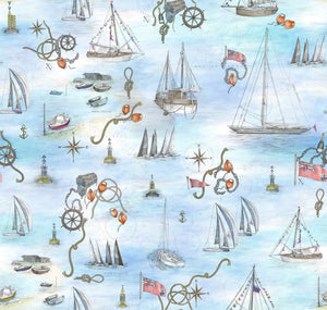 Cowes wallpaper by XV Interiors in blue, pattern sample of sailing boats and anchors (alternate view)