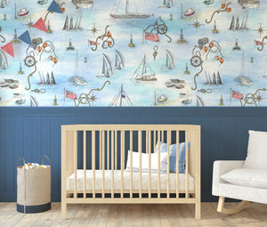 Cowes wallpaper by XV Interiors in blue, sailing boats and anchors in a child's room