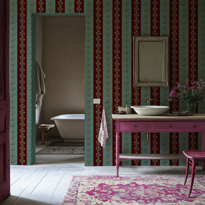 Chateau Stripe wallpaper by Tatie Lou in red and blue, floral stripes in a hallway