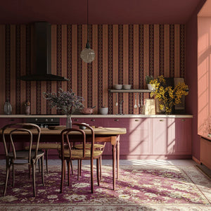 Chateau Stripe wallpaper by Tatie Lou in peach and burgundy, floral stripes in a dining area