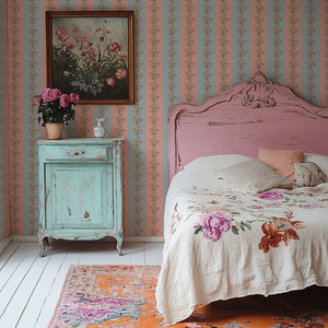 Chateau Stripe wallpaper by Tatie Lou in peach, floral stripes in a bedroom