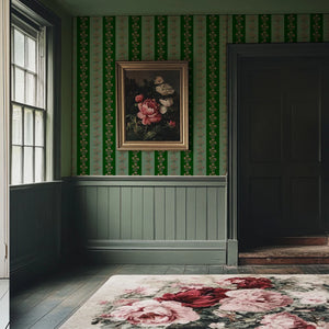 Chateau Stripe wallpaper by Tatie Lou in green, floral stripes in an entryway