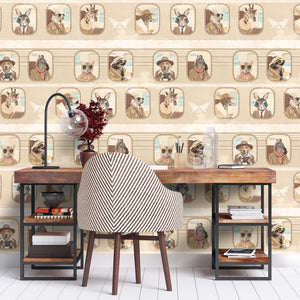 Cabin Class wallpaper by Brand McKenzie in beige, animal passengers in train windows behind a desk in a home office