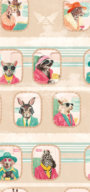 Cabin Class wallpaper by Brand McKenzie in cream, pattern detail of animal passengers in train windows