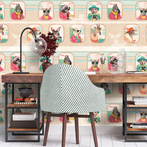 Cabin Class wallpaper by Brand McKenzie in cream, animal passengers in train windows above a work desk