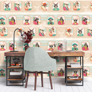 Cabin Class wallpaper by Brand McKenzie in blue, animal passengers in train windows behind a desk in a home office