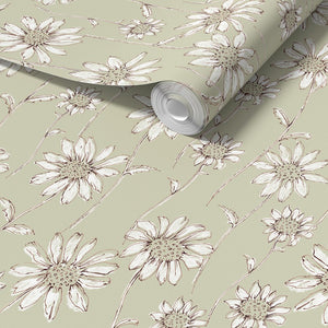Caja Floral wallpaper by Seed Home Designs in green, roll showing line-drawn daisies