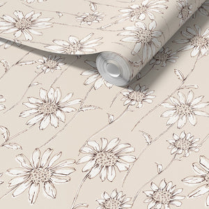 Caja Floral wallpaper by Seed Home Designs in beige, pattern sample of line-drawn daisies