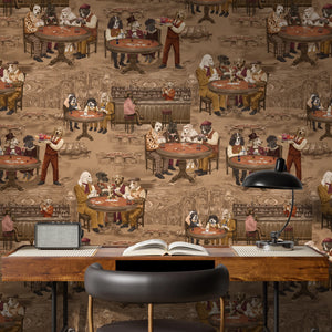 Canine Cards wallpaper by Brand McKenzie in brown, dogs playing cards behind a desk in a home office