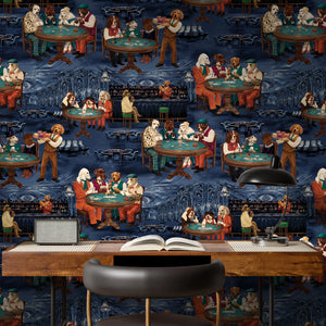 Canine Cards wallpaper by Brand McKenzie in navy, dogs playing cards above a work desk