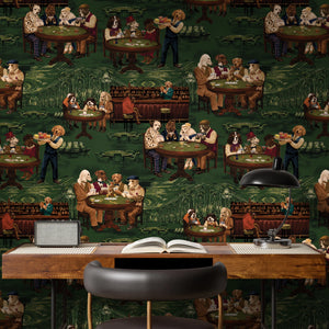 Canine Cards wallpaper by Brand McKenzie in green, dogs playing cards above a work desk