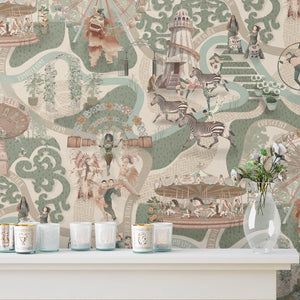 Carnival Map wallpaper by Brand McKenzie in green, close-up of an illustrated carnival map