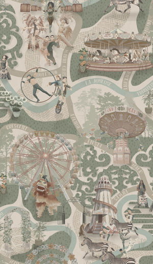 Carnival Map wallpaper by Brand McKenzie in green, close view of an illustrated carnival map