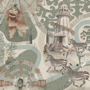 Carnival Map wallpaper by Brand McKenzie in green, detail of an illustrated carnival map