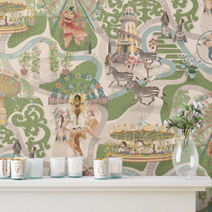 Carnival Map wallpaper by Brand McKenzie in green, pattern detail of an illustrated carnival map