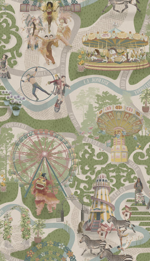 Carnival Map wallpaper by Brand McKenzie in green, close-up of an illustrated carnival map (alternate view)
