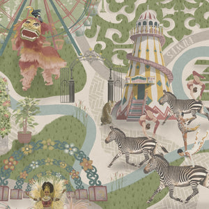 Carnival Map wallpaper by Brand McKenzie in green, pattern detail of an illustrated carnival map (alternate view)