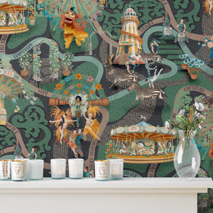 Carnival Map wallpaper by Brand McKenzie in green, detail of an illustrated carnival map (alternate view)