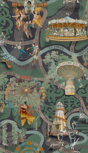 Carnival Map wallpaper by Brand McKenzie in teal, pattern detail of an illustrated carnival map