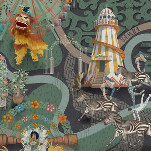 Carnival Map wallpaper by Brand McKenzie in teal, close view of an illustrated carnival map