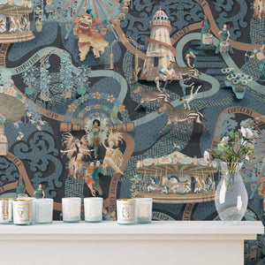 Carnival Map wallpaper by Brand McKenzie in blue, pattern detail of an illustrated carnival map