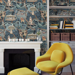 Carnival Map wallpaper by Brand McKenzie in blue, an illustrated carnival map above a white mantelpiece