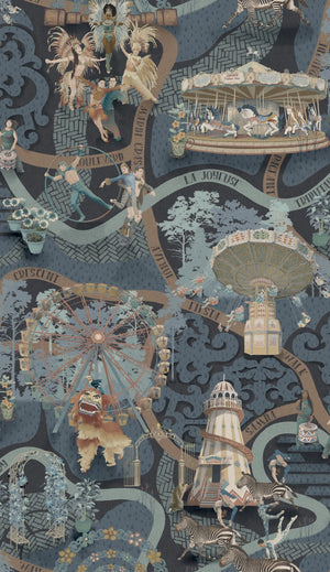 Carnival Map wallpaper by Brand McKenzie in blue, detail of an illustrated carnival map