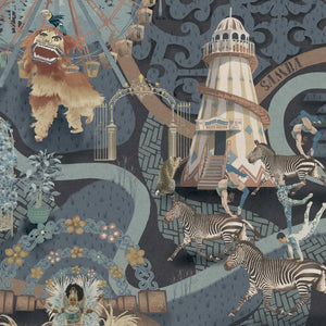 Carnival Map wallpaper by Brand McKenzie in blue, close-up of an illustrated carnival map