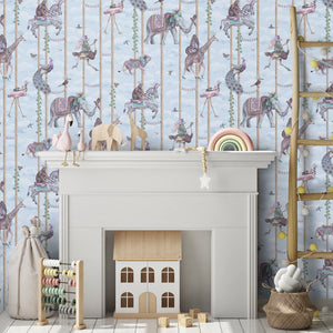 Carousel wallpaper by Brand McKenzie in blue, carousel animals on poles beside a fireplace