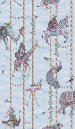Carousel wallpaper by Brand McKenzie in blue, pattern detail of carousel animals on poles
