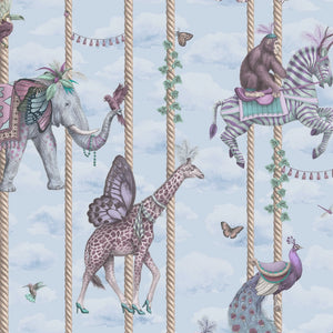 Carousel wallpaper by Brand McKenzie in blue, close view of carousel animals on poles